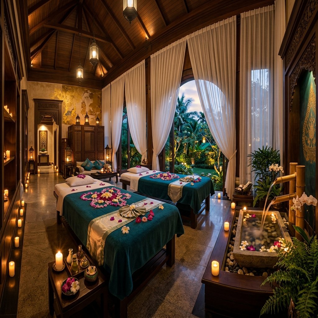 Luxury Thai spa treatment room ambience